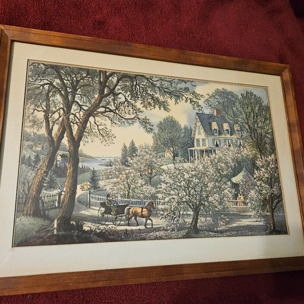 framed beautiful currier and Ives vintage print the season of blossoms